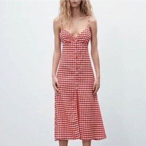 Zara Red and White Gingham Backless Midi Dress